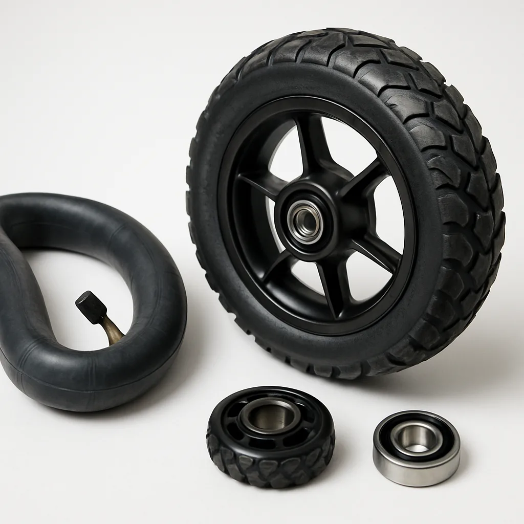 Pièces détachées d'une roue de poussette tout terrain : pneu, chambre à air et roulement