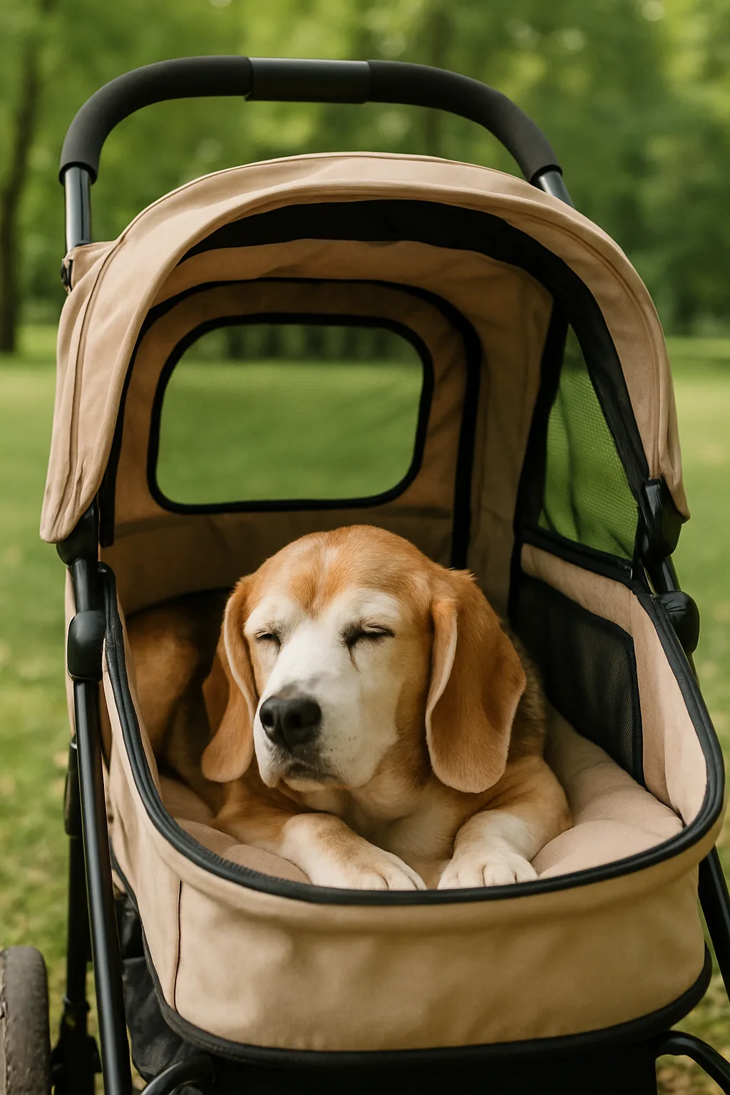 Vieux chien beagle confortablement installé dans la nacelle rembourrée d'une poussette canine d'aventure