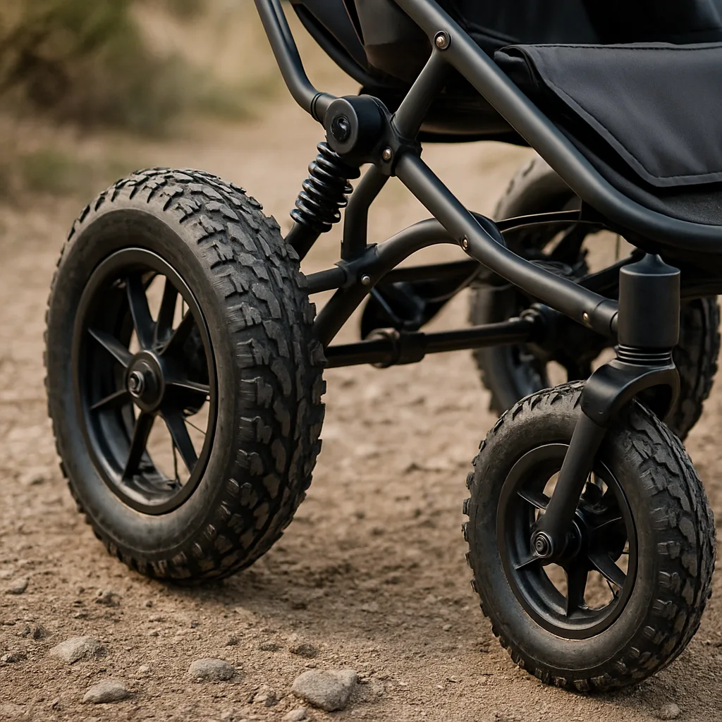 Gros plan sur les roues gonflables et les suspensions d'une poussette tout-terrain pour randonnée