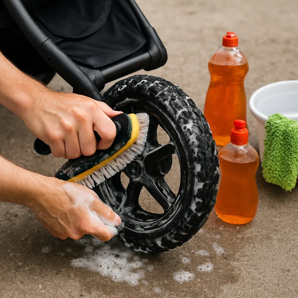 Nettoyage des roues tout terrain d'une poussette avec une brosse et de l'eau savonneuse
