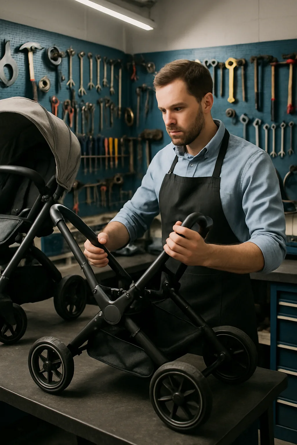 Atelier de réparation poussette spécialisé avec technicien inspectant un châssis de poussette