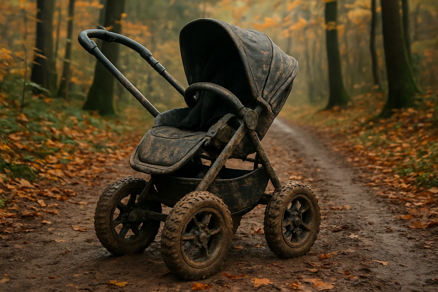 Poussette tout terrain avec grandes roues sur un sentier boueux en forêt