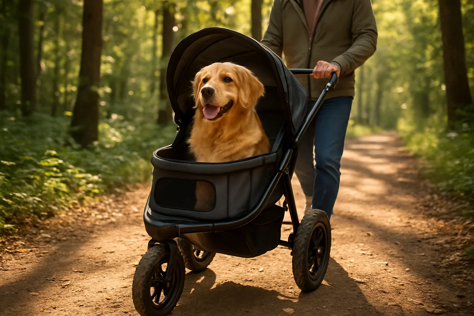 Chien golden retriever dans une poussette canine d'aventure tout-terrain sur un sentier forestier