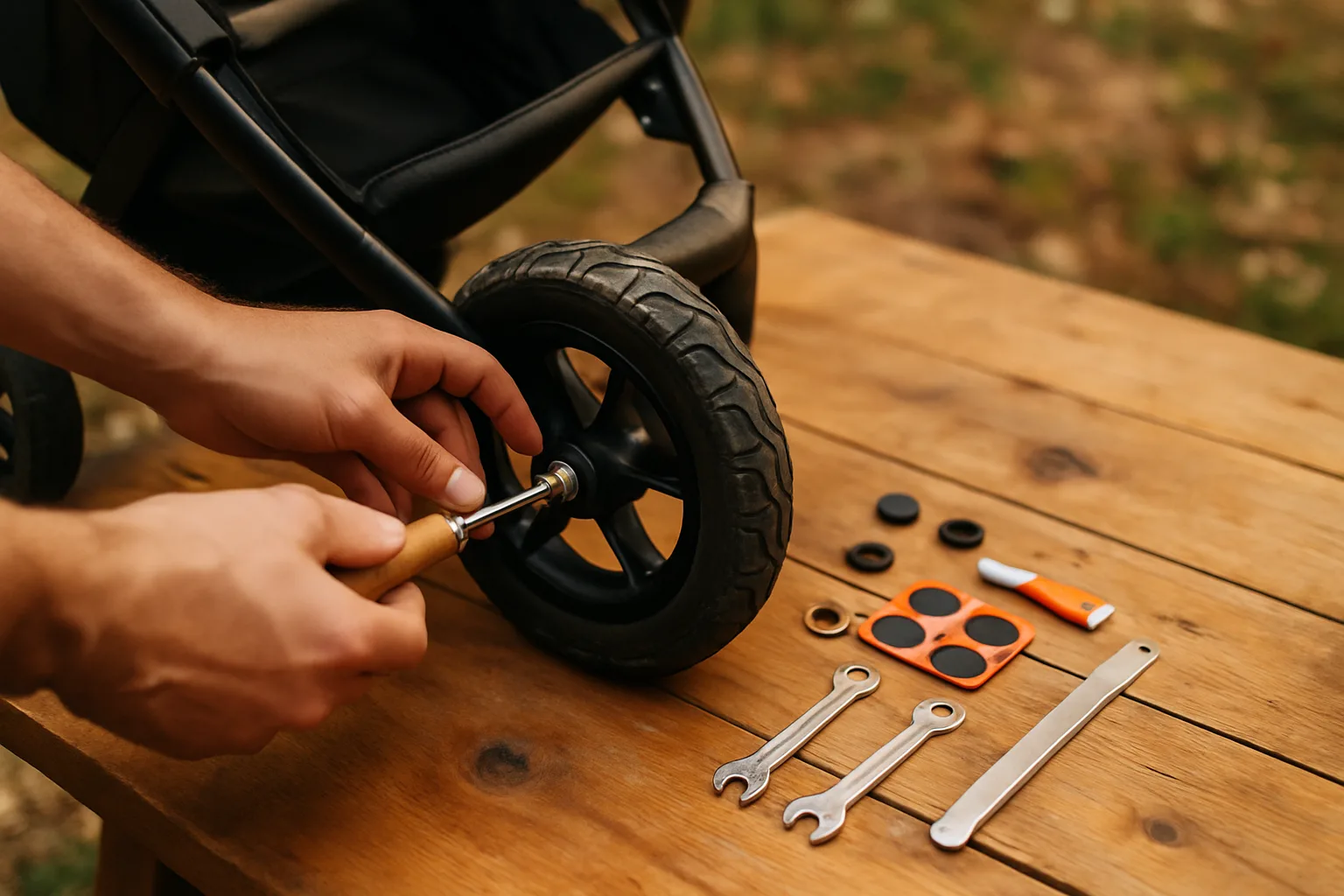 Réparation d'une roue de poussette tout terrain avec un kit de réparation sur un établi