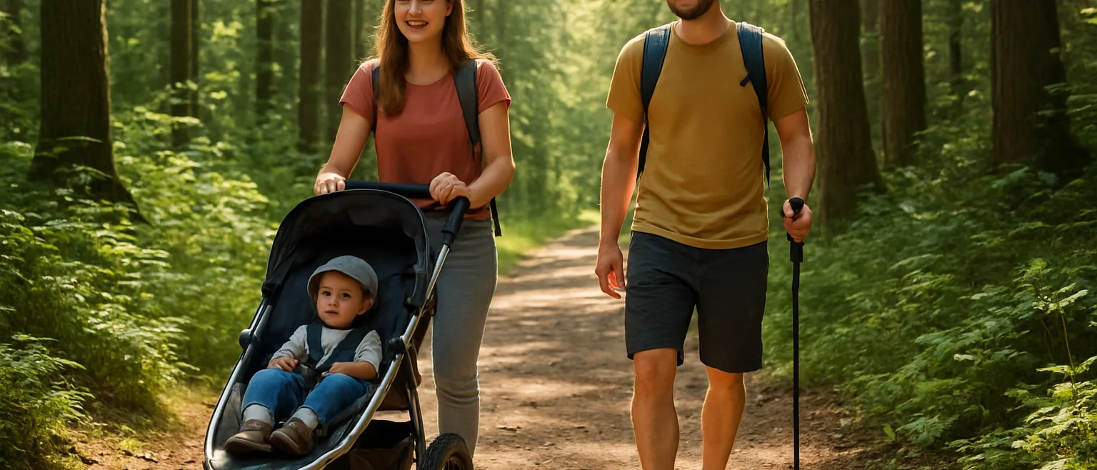 Parents poussant une poussette de randonnée tout-terrain sur un sentier forestier avec bébé